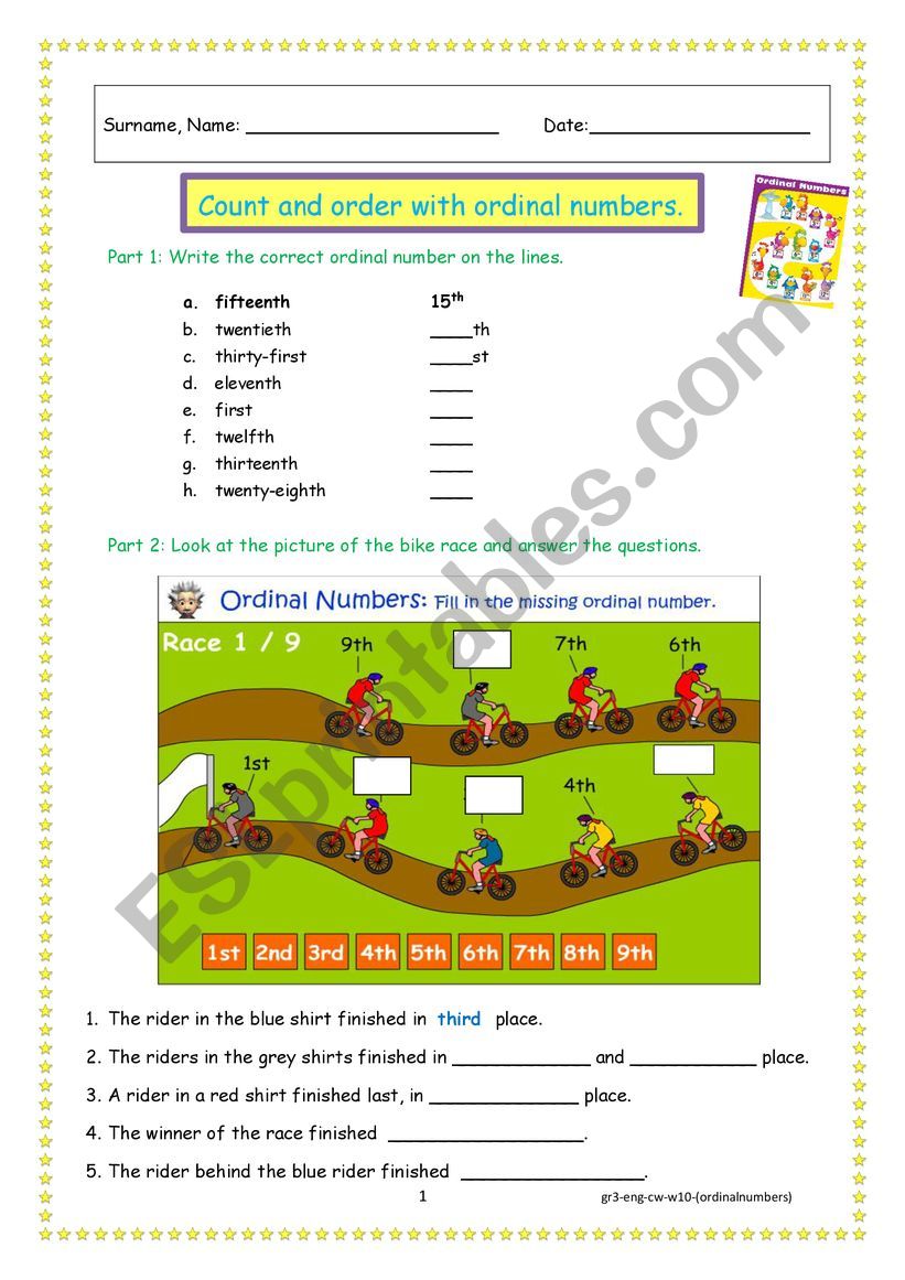 Ordinal numbers worksheet