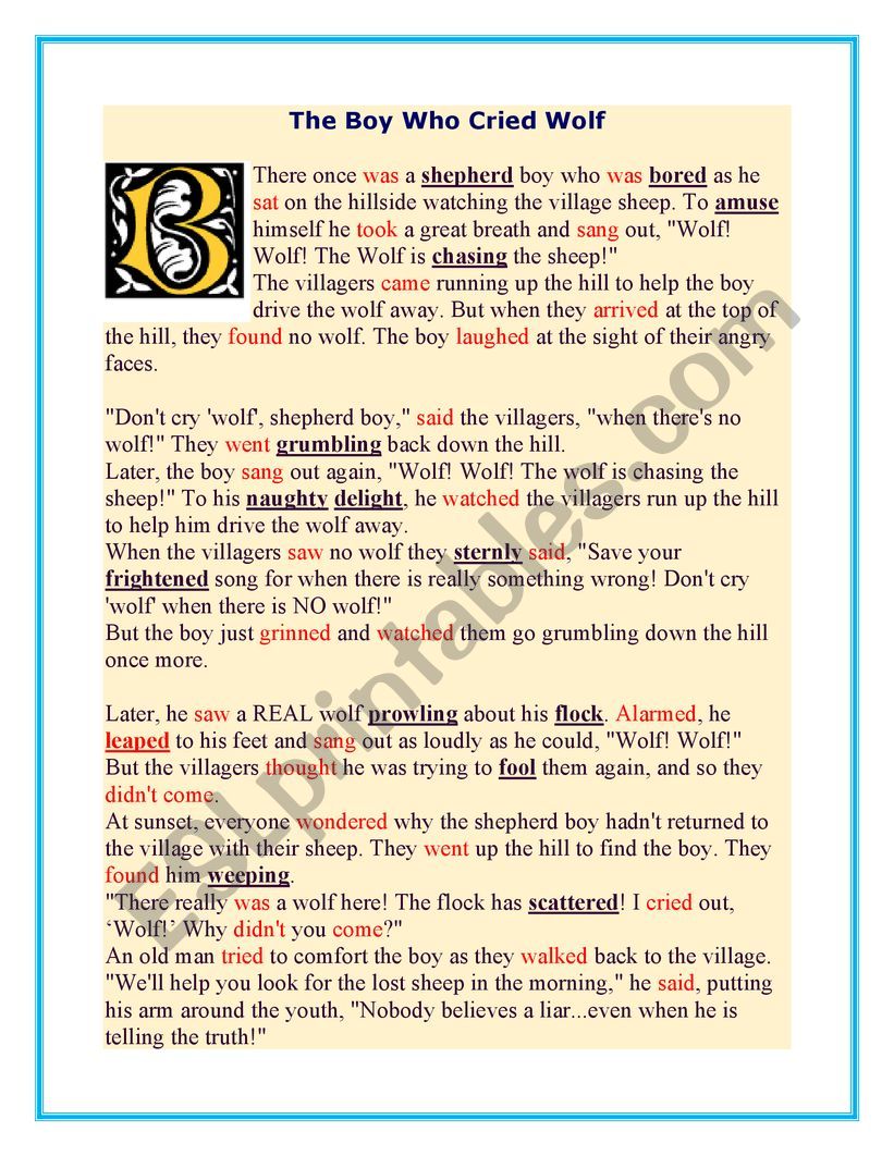 The Boy Who Cried Wolf Story worksheet