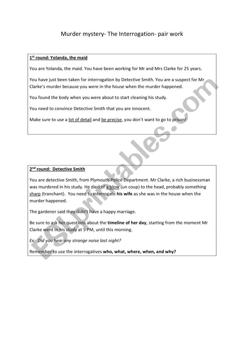 Murder mystery- interrogation role-play cards for pair work