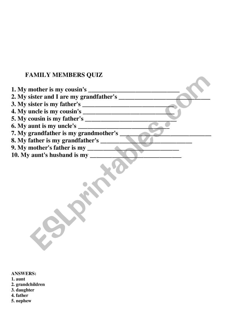 FAMILY MEMBERS QUIZ worksheet