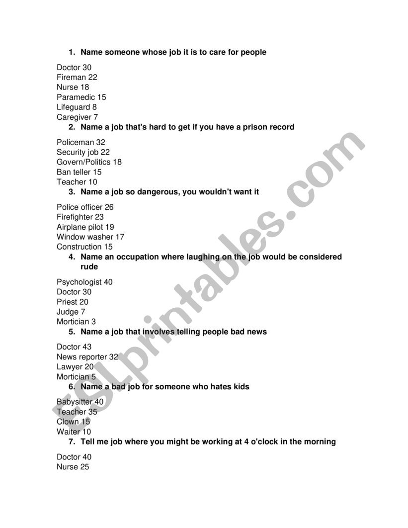 FAMILY FEUD FOOD QUESTIONS  worksheet