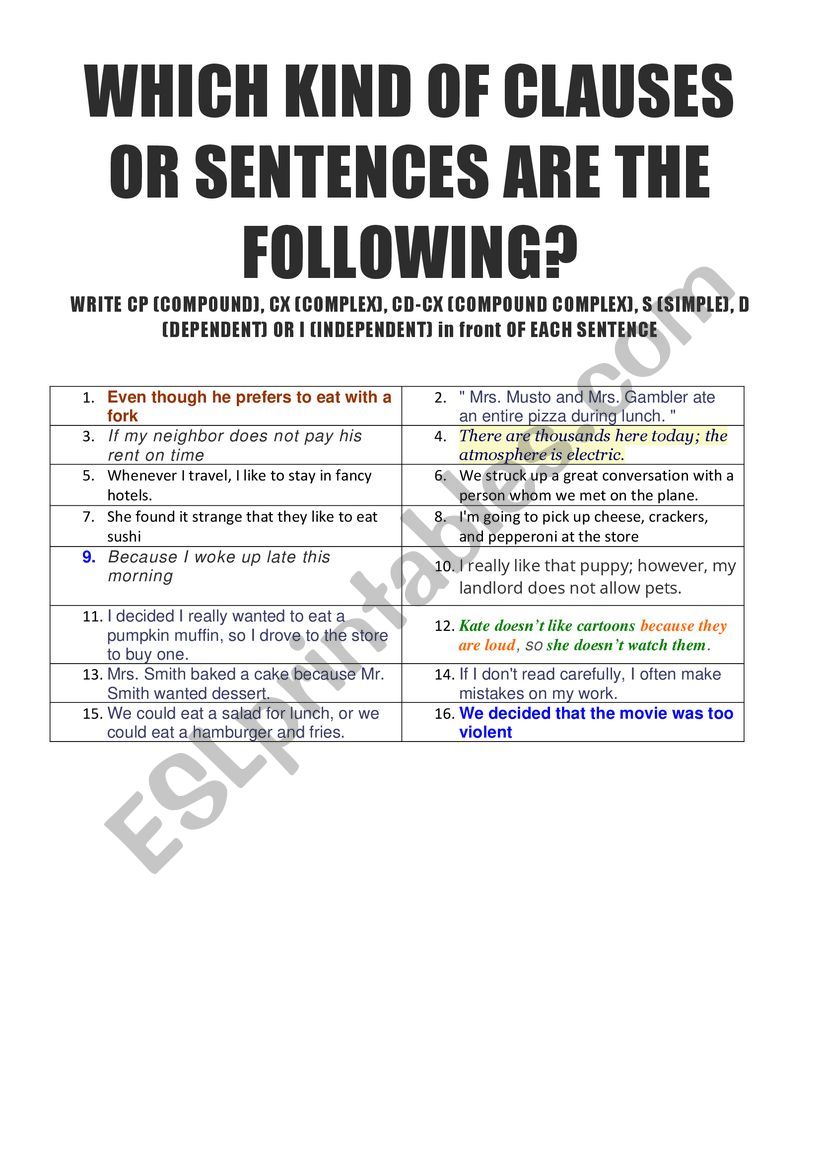 Compoun, complex and compound-complex sentences activities - ESL Throughout Compound And Complex Sentences Worksheet