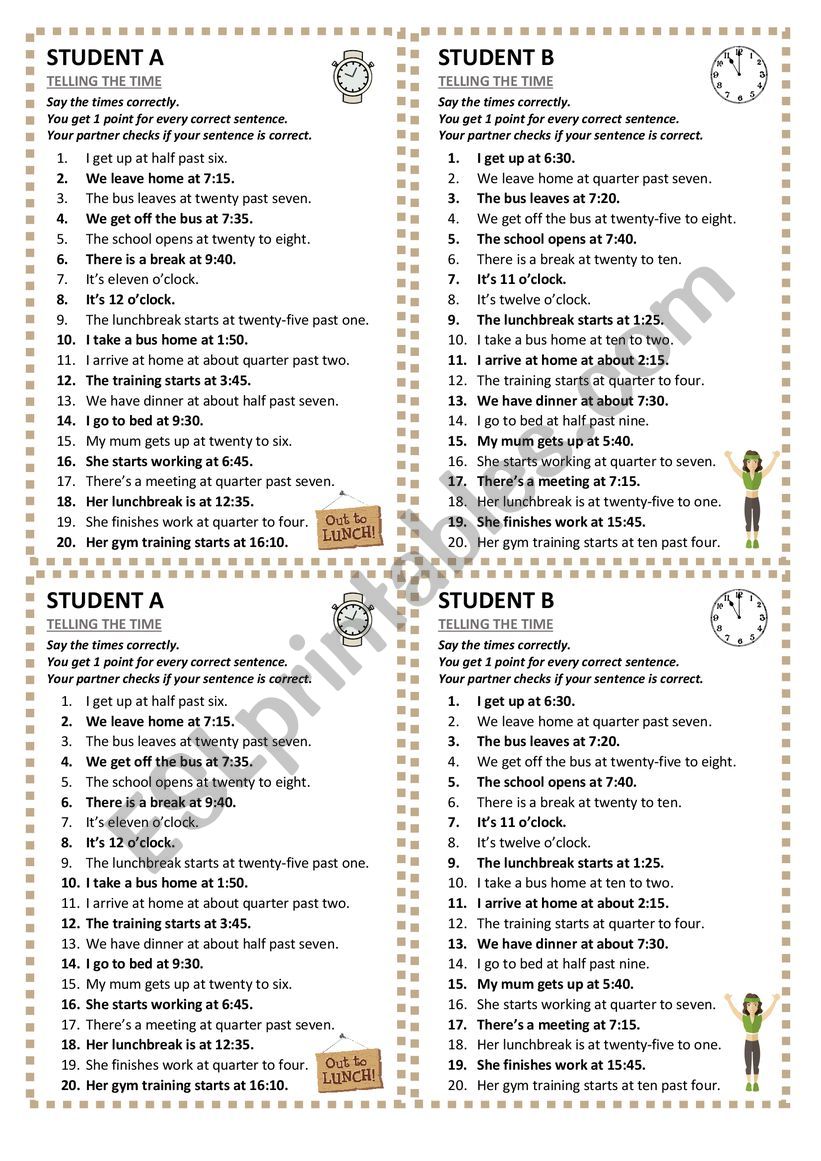 Telling the time - pair work worksheet