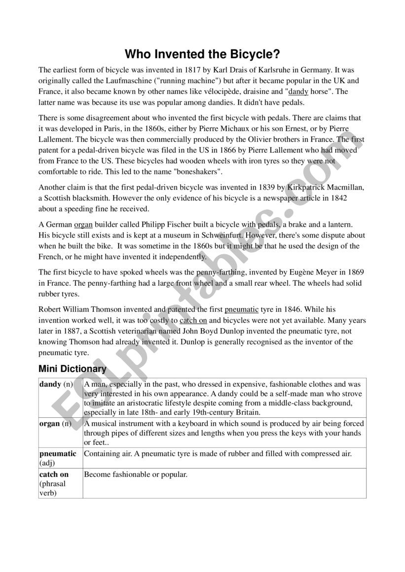 Who Invented the Bicycle? worksheet