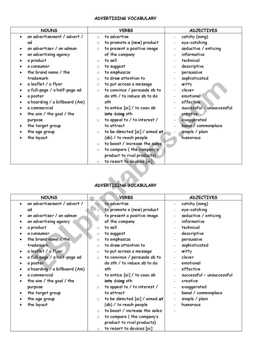 Advertising vocabulary worksheet