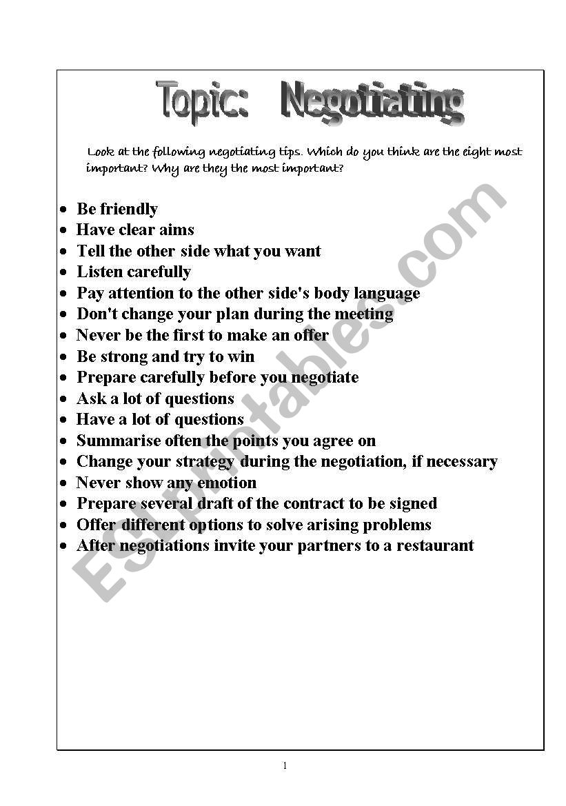 Negotiation worksheet