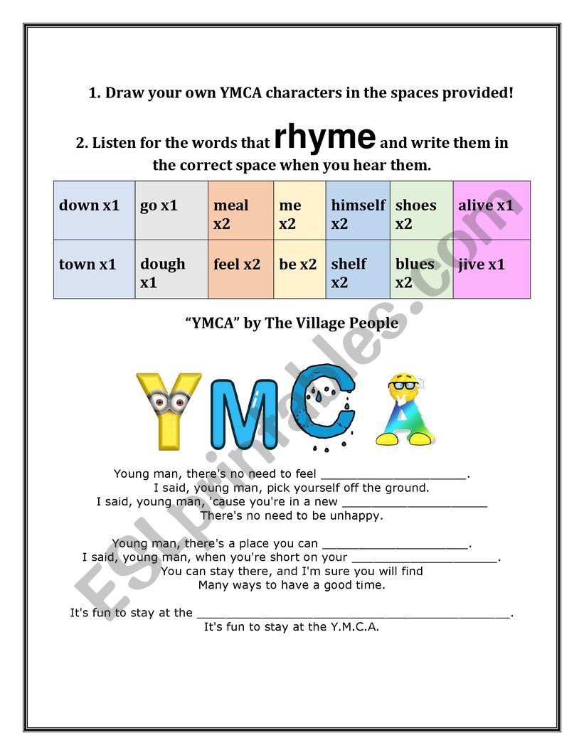 YMCA Song - Rhyming Exercise worksheet