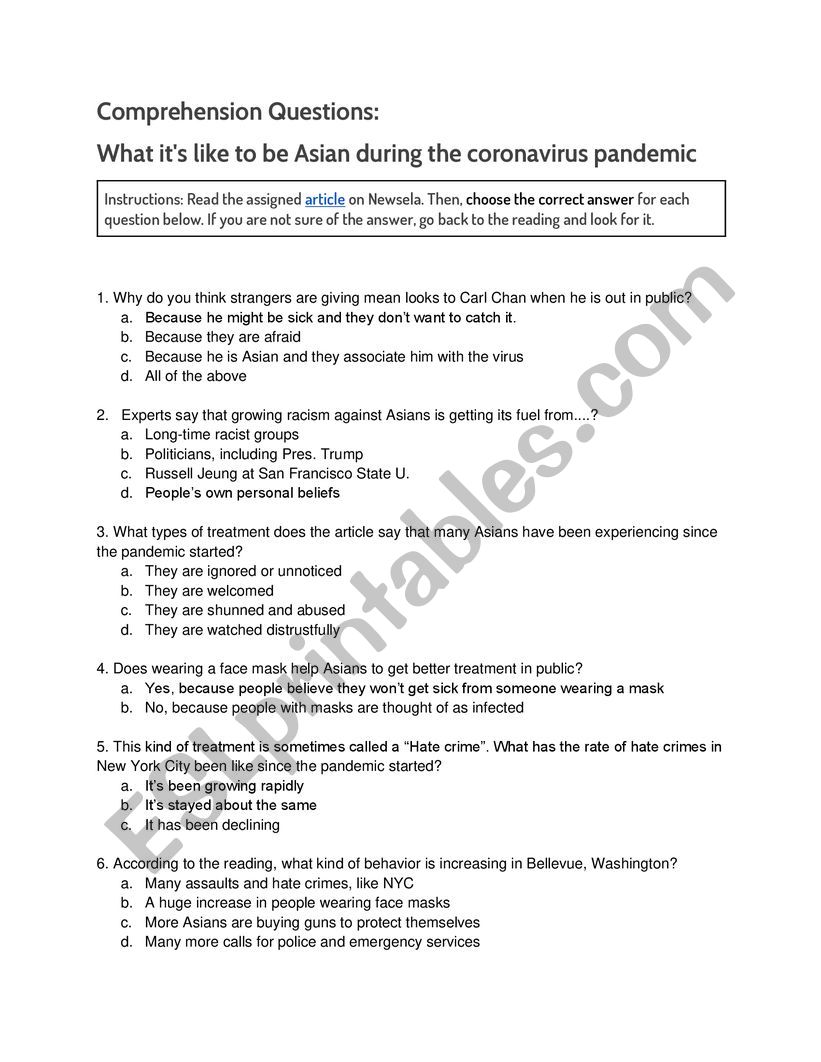 Comprehension questions for Newsela reading: What it�s Like to be Asian During Coronavirus