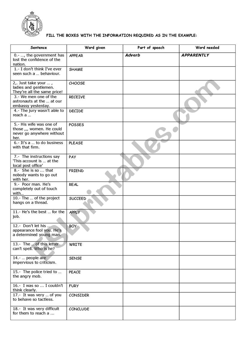 word formation FCE worksheet