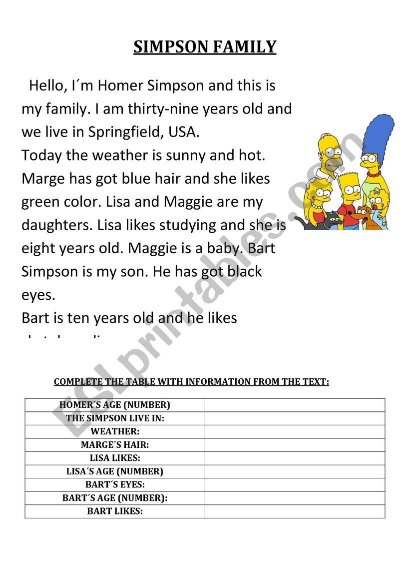 Simpson family worksheet