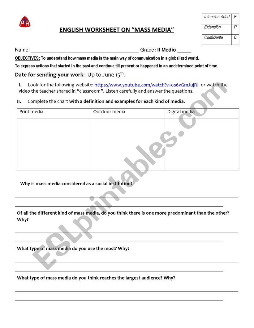 mass medis activities worksheet
