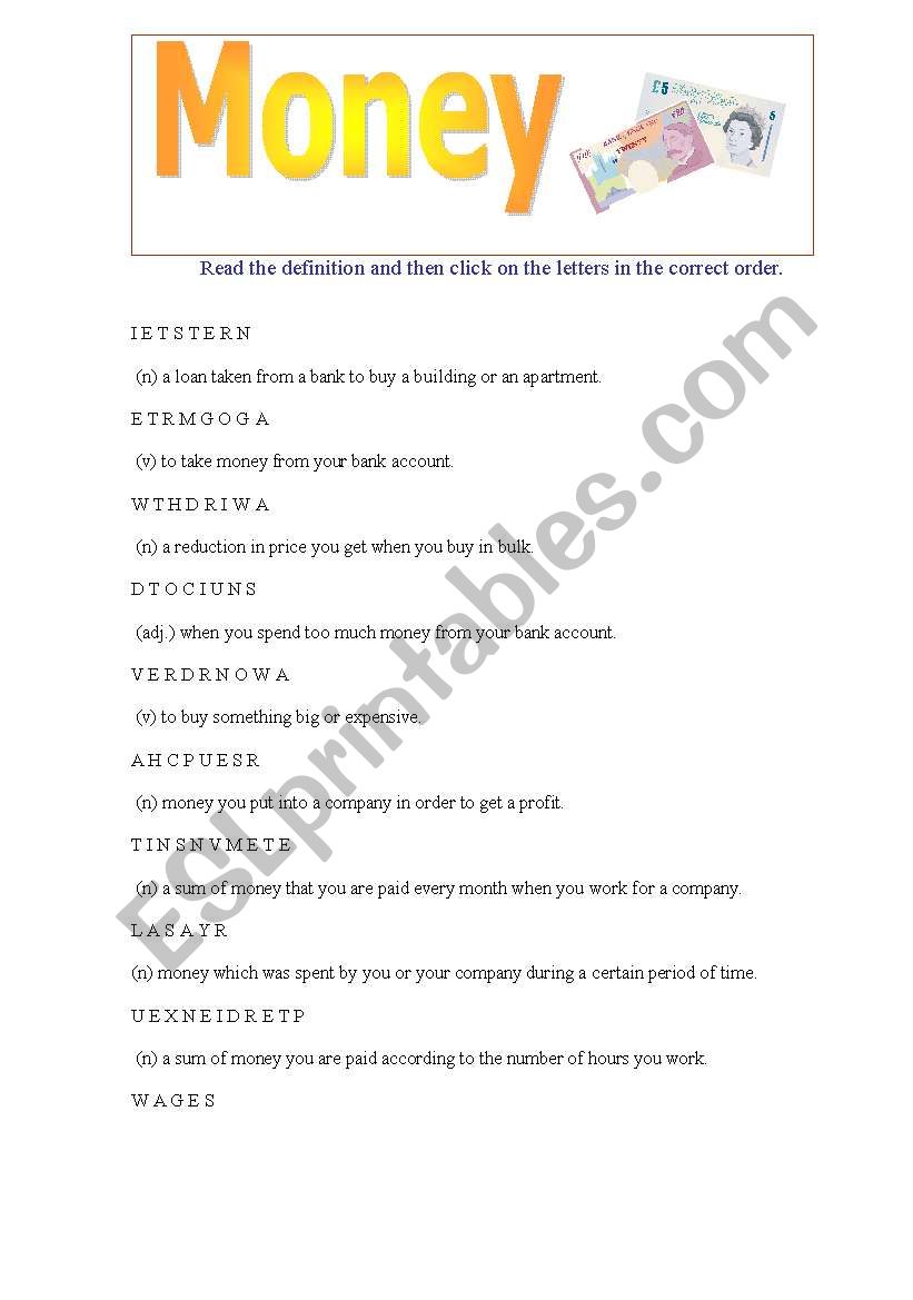 Money vocabulary worksheet