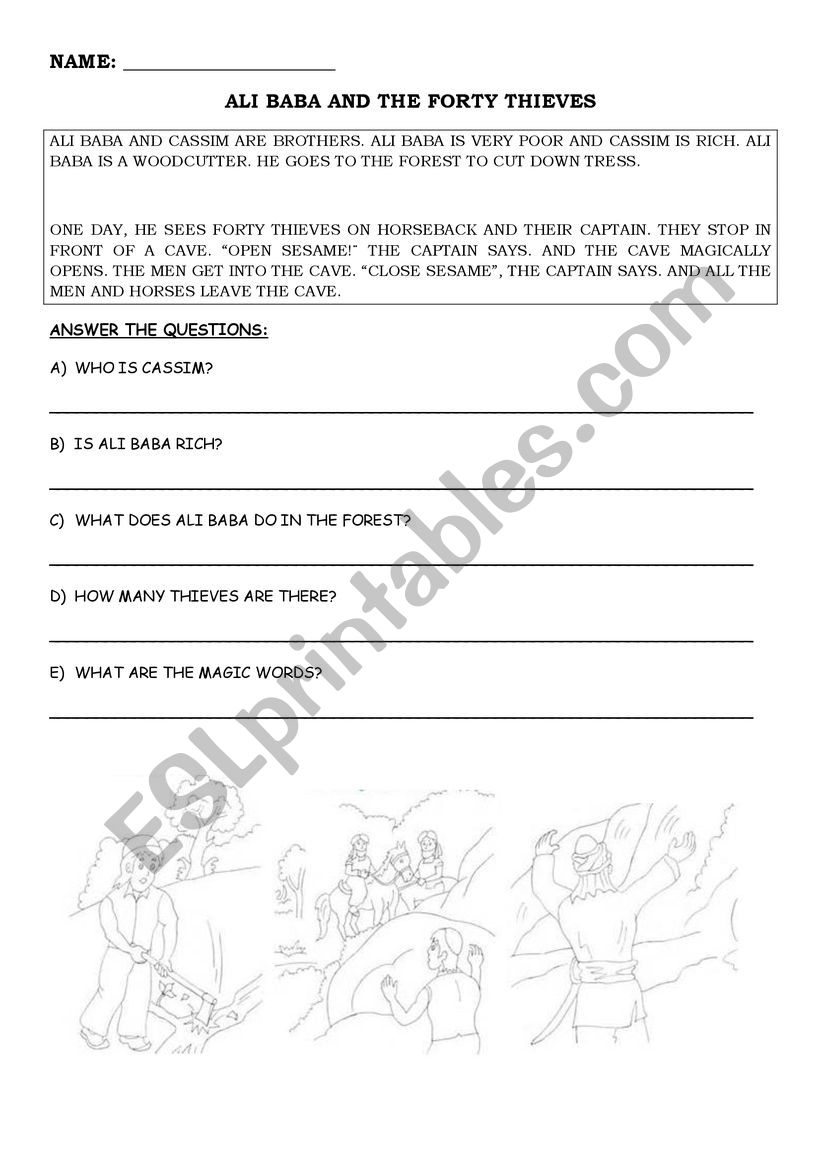 ali baba and the 40 thieves worksheet