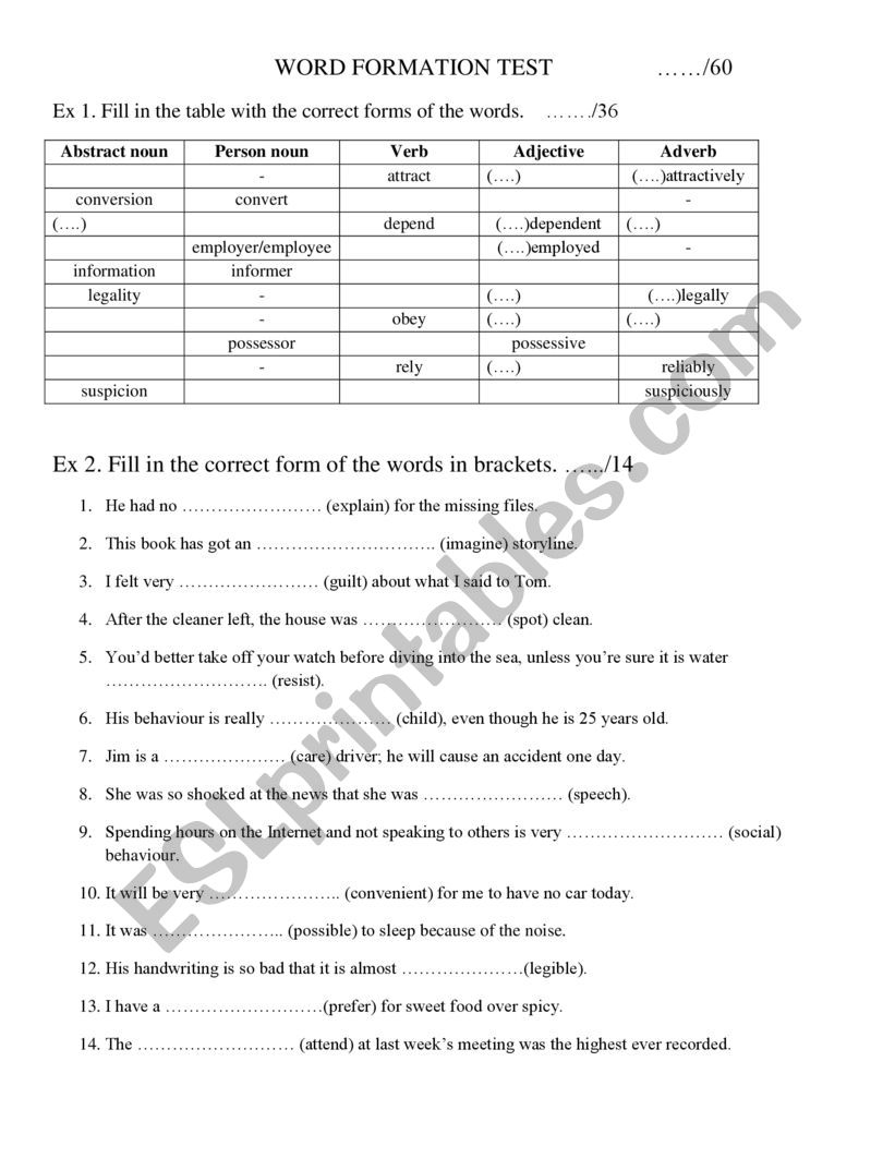 Word formation test worksheet