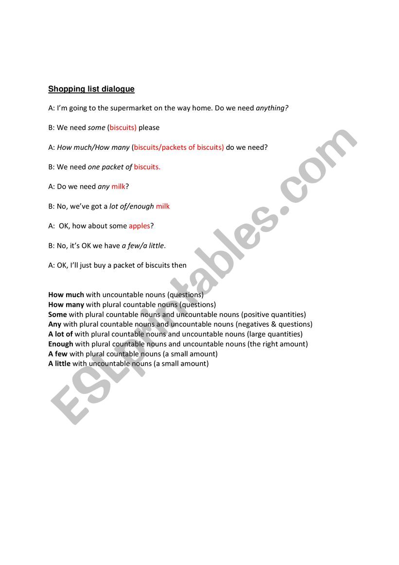 Supermarket Shopping  worksheet