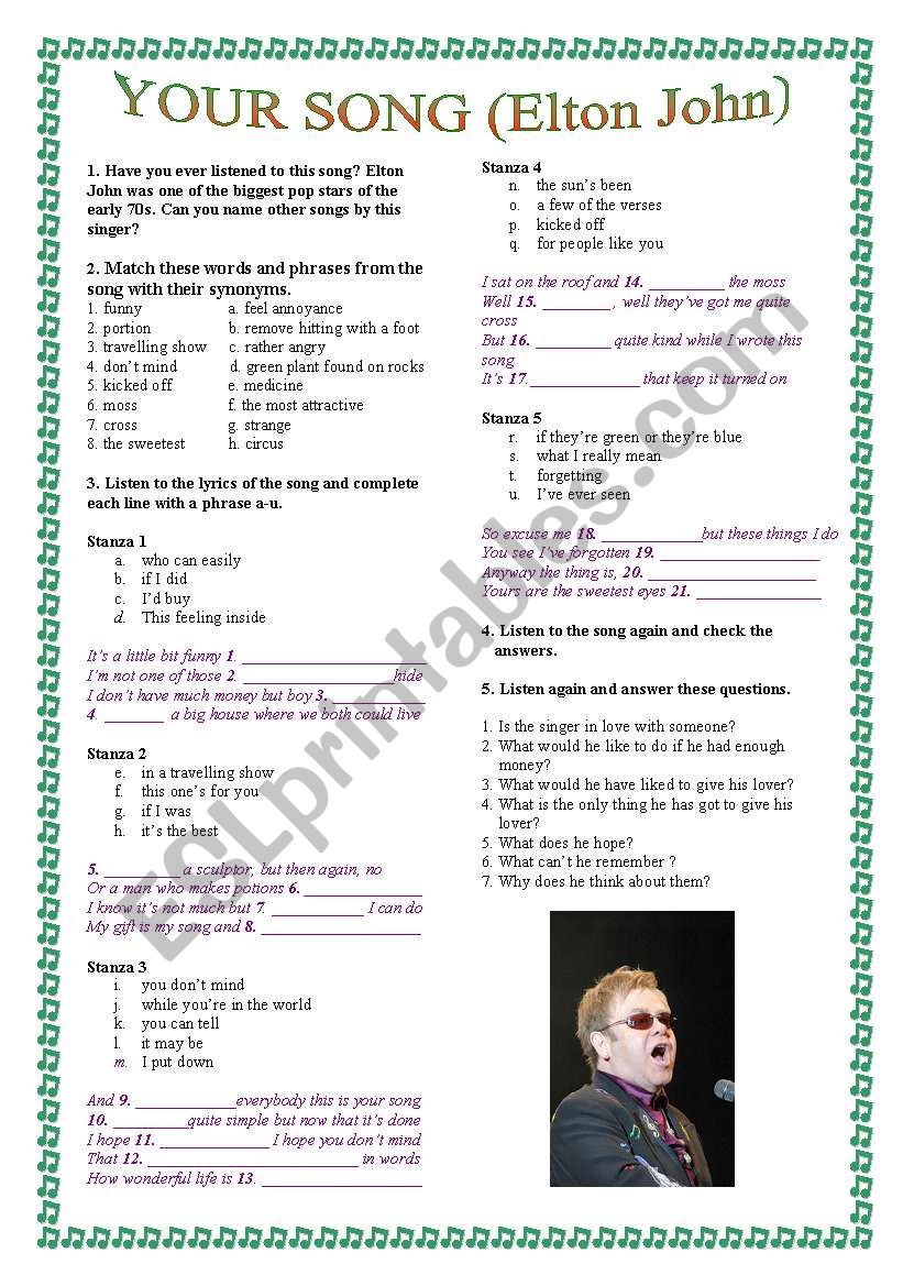 Your song by Elton John worksheet