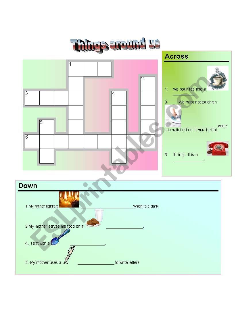 CROSSWORD (1.THING AROUND US   2). IN THE SKY  3). IN THE CLASSROOM)