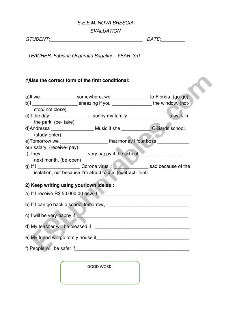 WORK FIRST CONDITIONAL worksheet