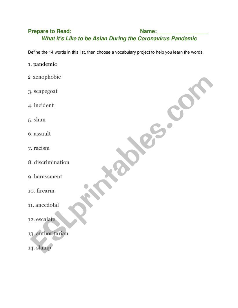 Vocab for Reading 