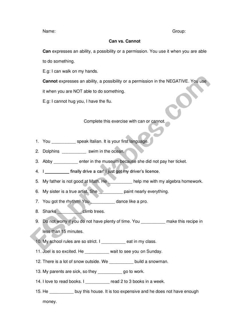 Can vs. Cannot Activity worksheet