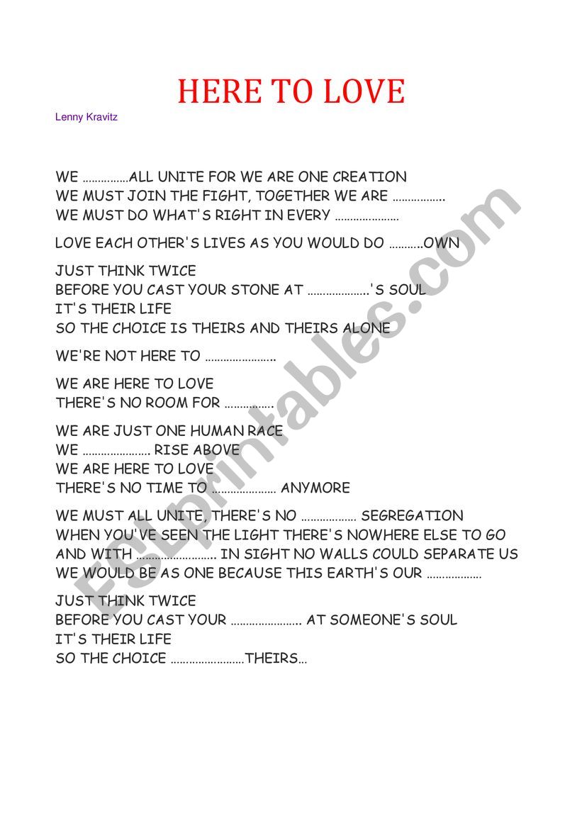 lenny kravitz - here to love  worksheet