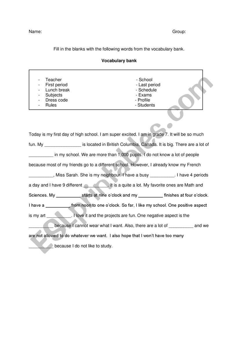 School Vocabulary worksheet