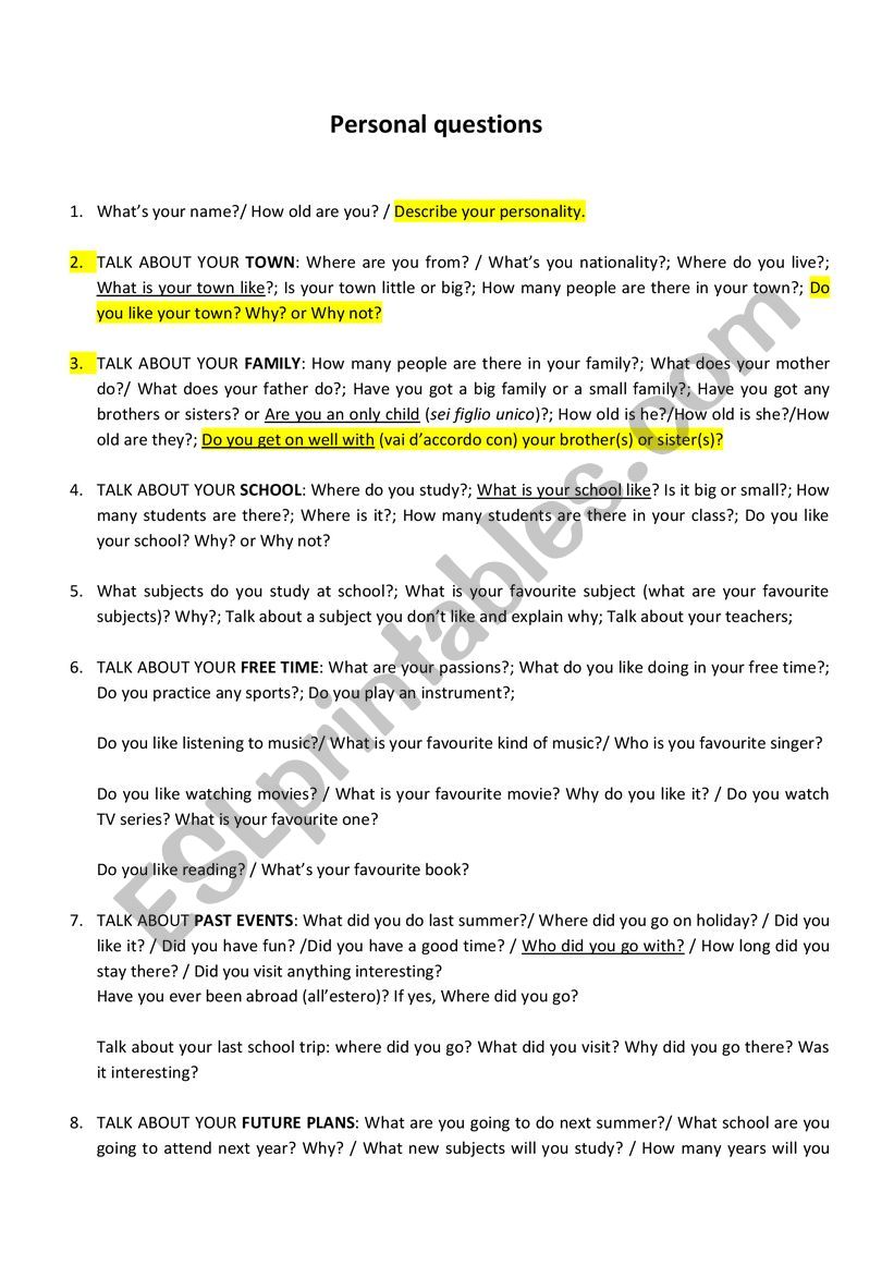 PERSONAL CONVERSATION TOPICS worksheet