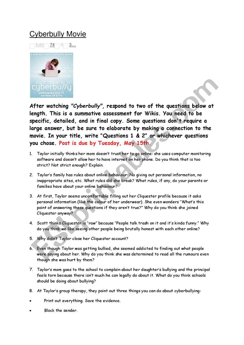 Cyber Bully Movie Handout worksheet
