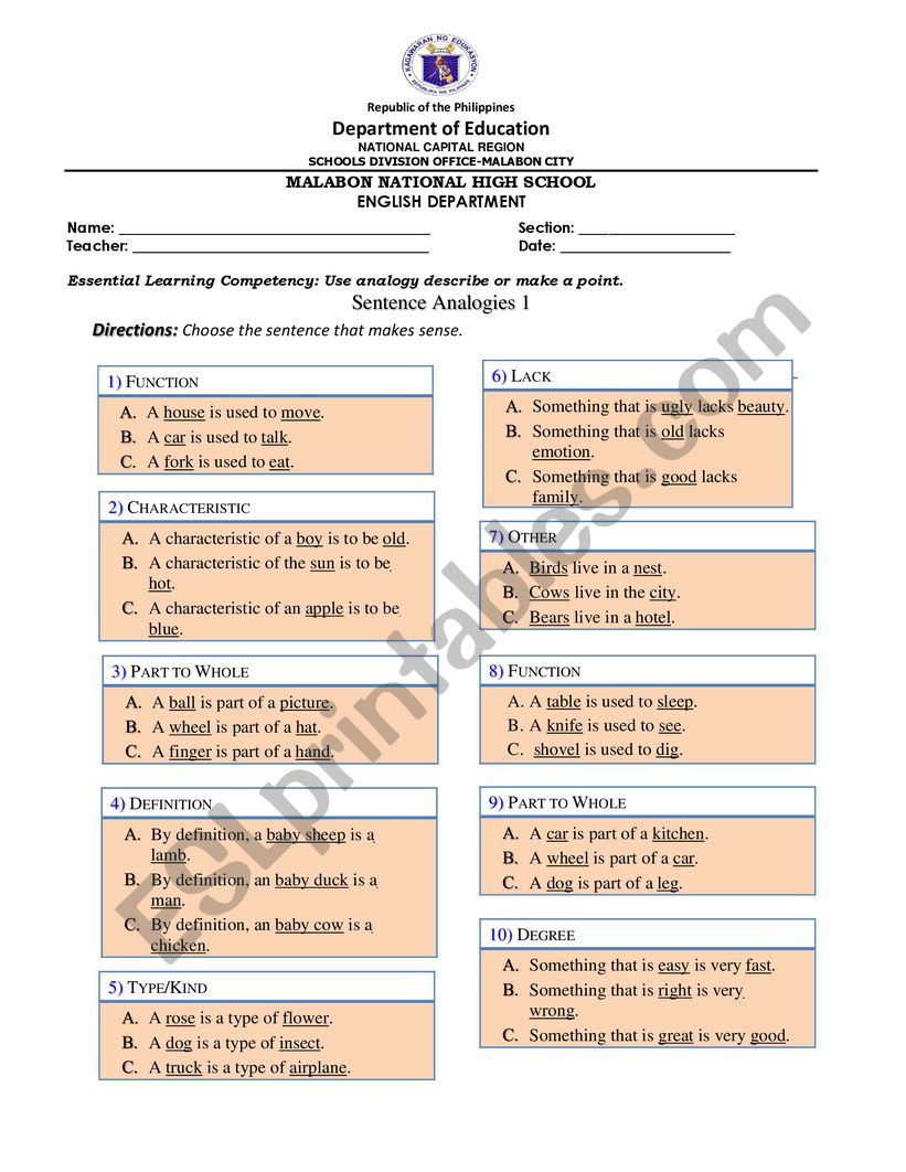 Analogy Worksheet worksheet