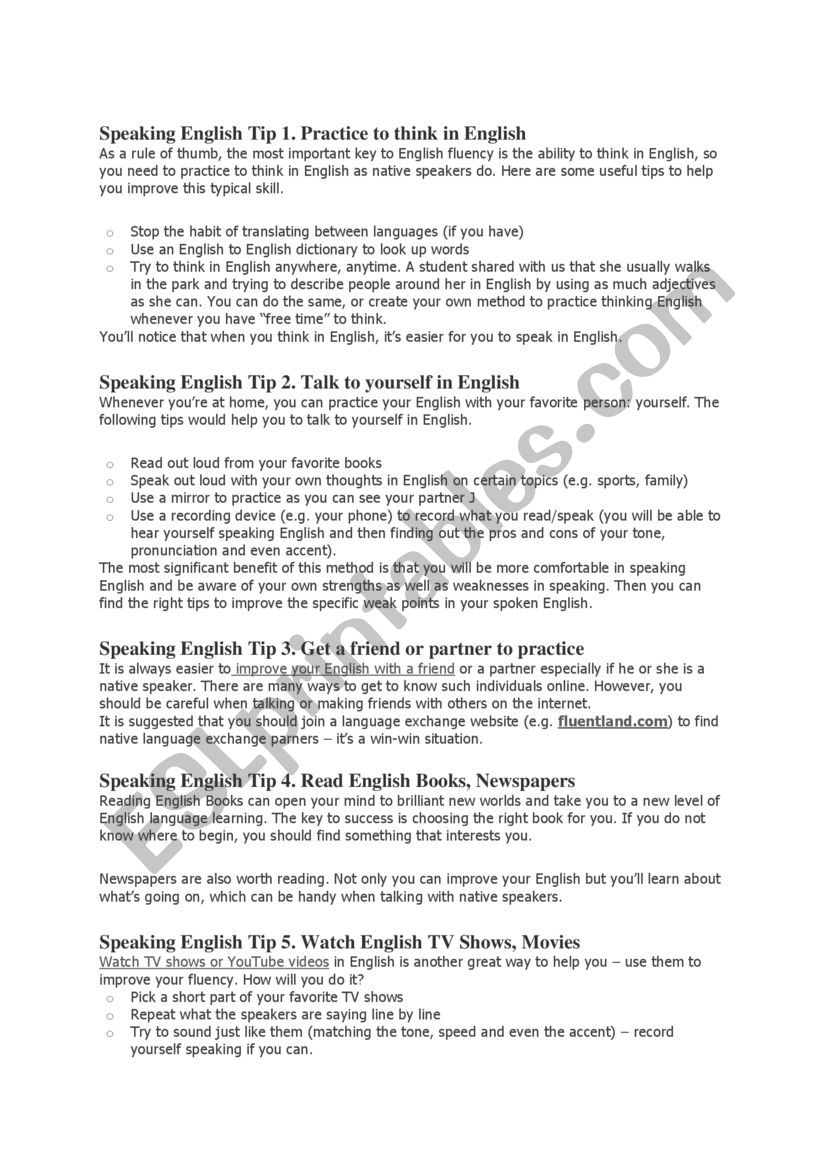 Tips for speaking English worksheet