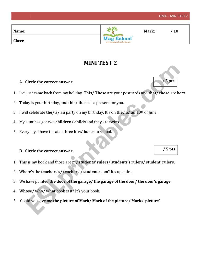 MINI TEST 2 (POSSESSIVE) worksheet