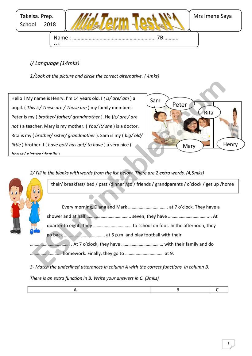 Mid-Term Test N1 7 th form Tunisia