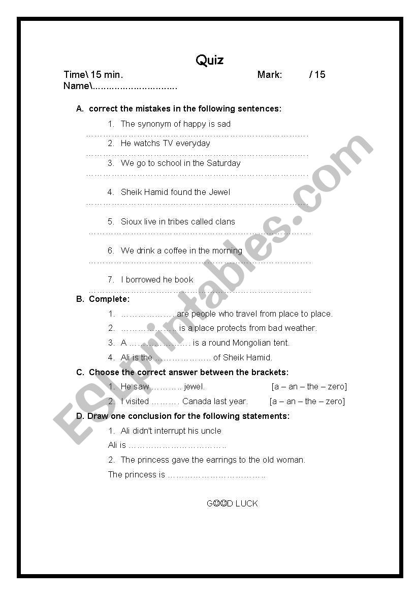 Enlgish Quiz worksheet