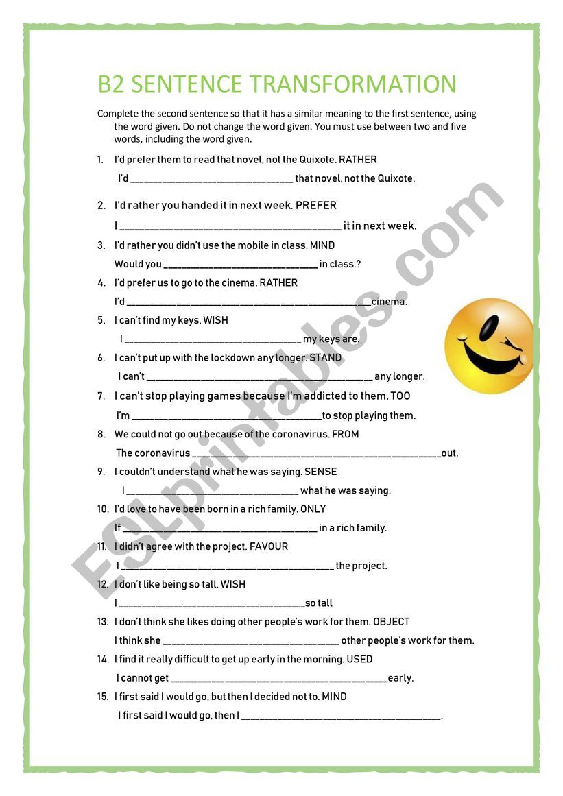 B2 SENTENCE TRANSFORMATION 5 worksheet