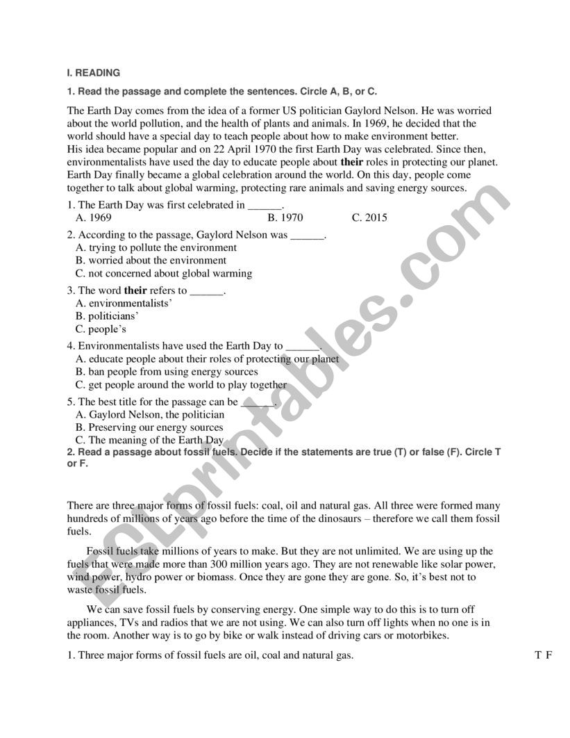 save the environment worksheet