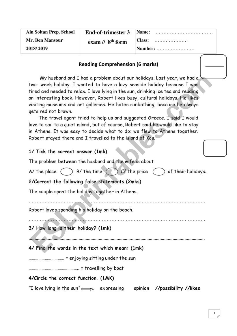 8th form exam worksheet