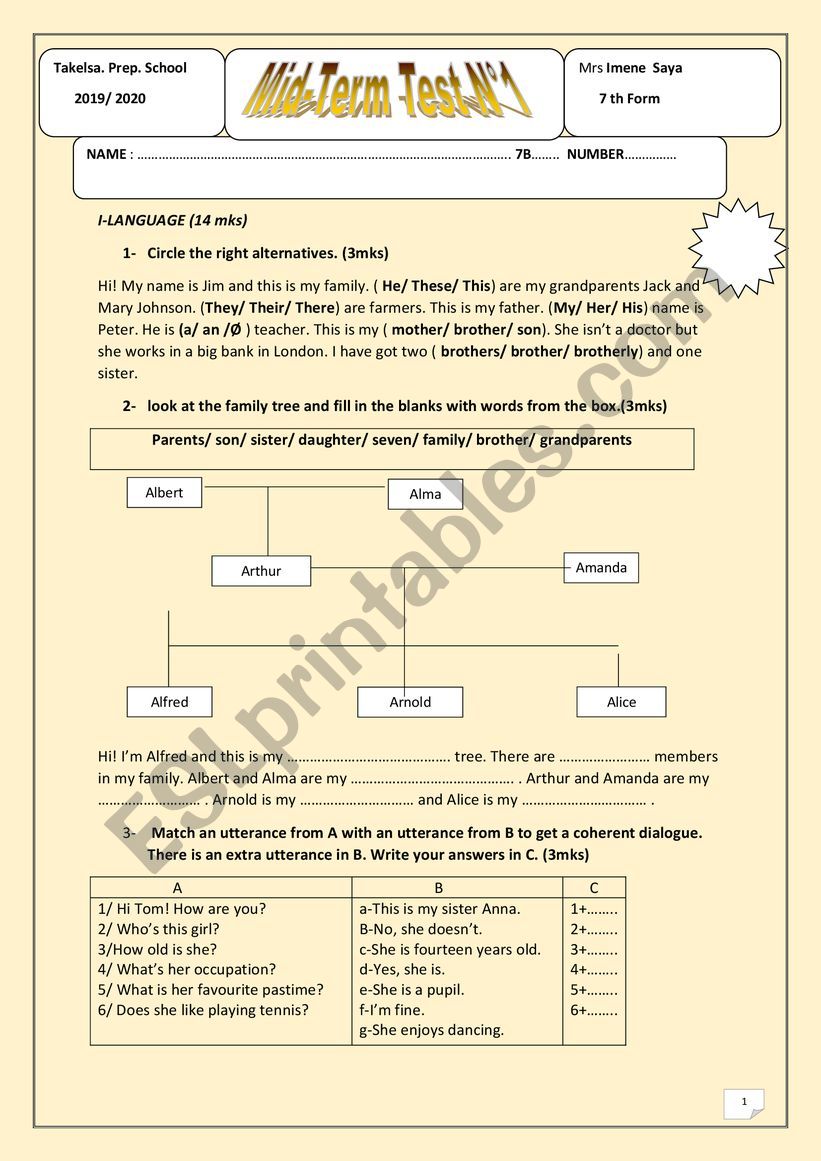 Mid-Term Test N1 7 th form Tunisia