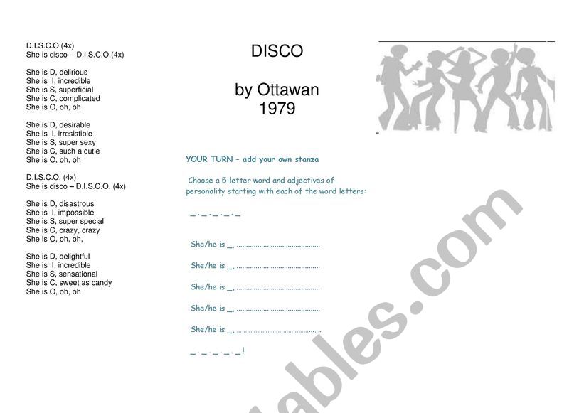 D.I.S.C.O. - song worksheet for vocabulary building and word stress practice
