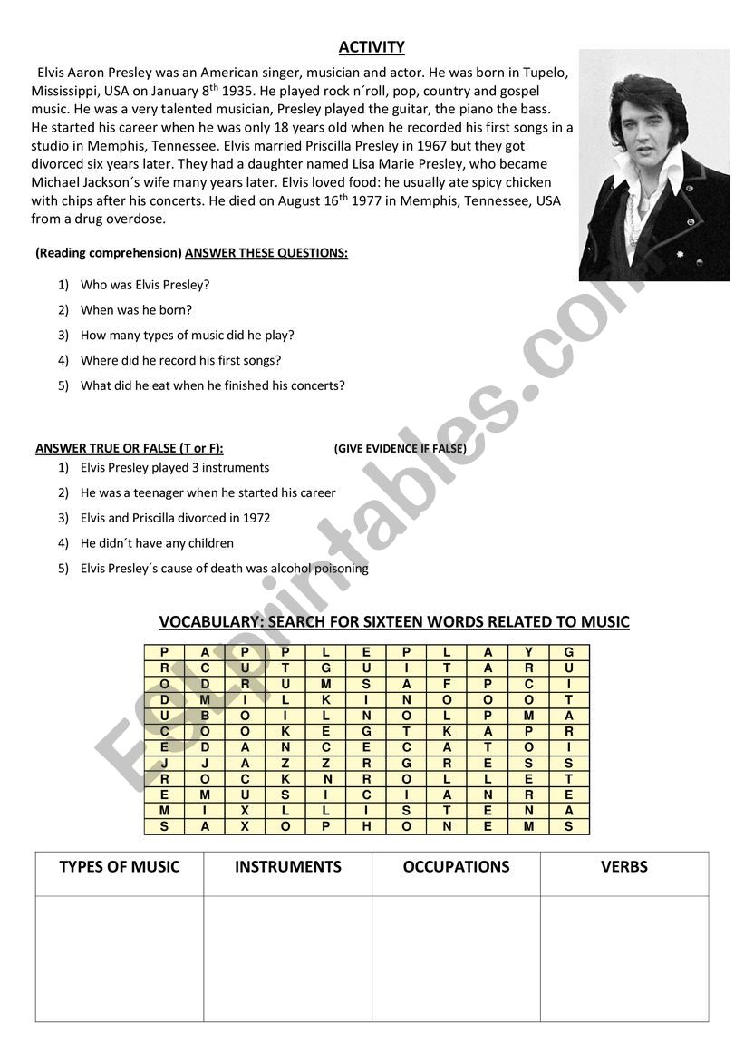 Elvis Presley biography plus music wordsearch