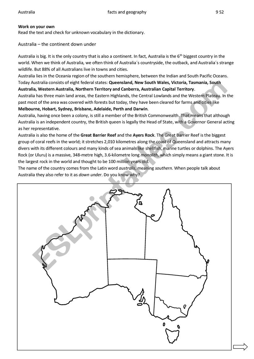 Australia s facts worksheet