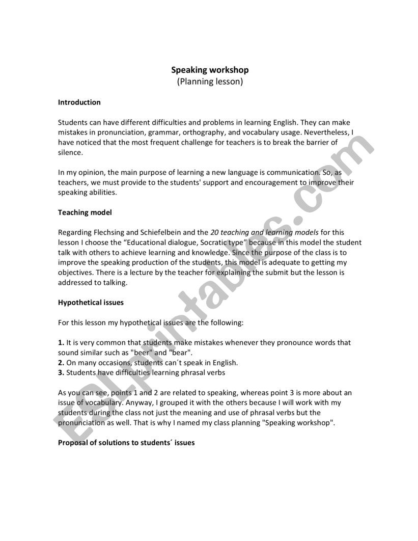 Speaking Workshop worksheet