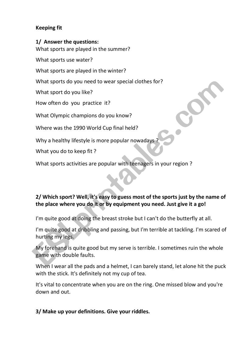 Sport. Keeping fit worksheet