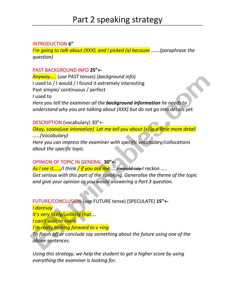 ielts speaking Part 2 worksheet