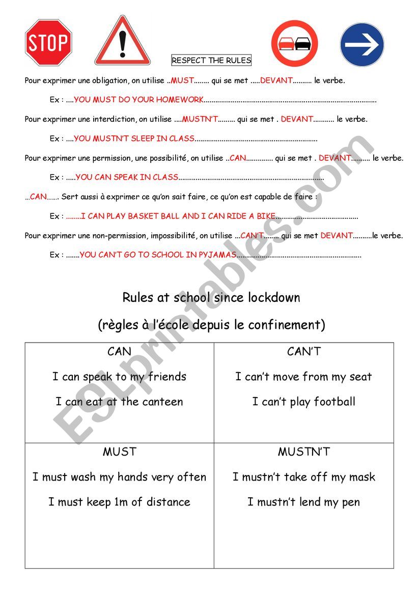 CAN CAN�T MUST MUSTN�T worksheet