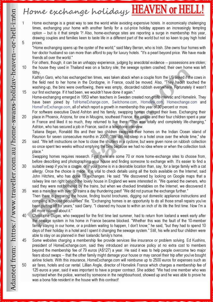 Home Exchange Holidays : HEAVEN or HELL! - TEST - Reading + exercises + KEY