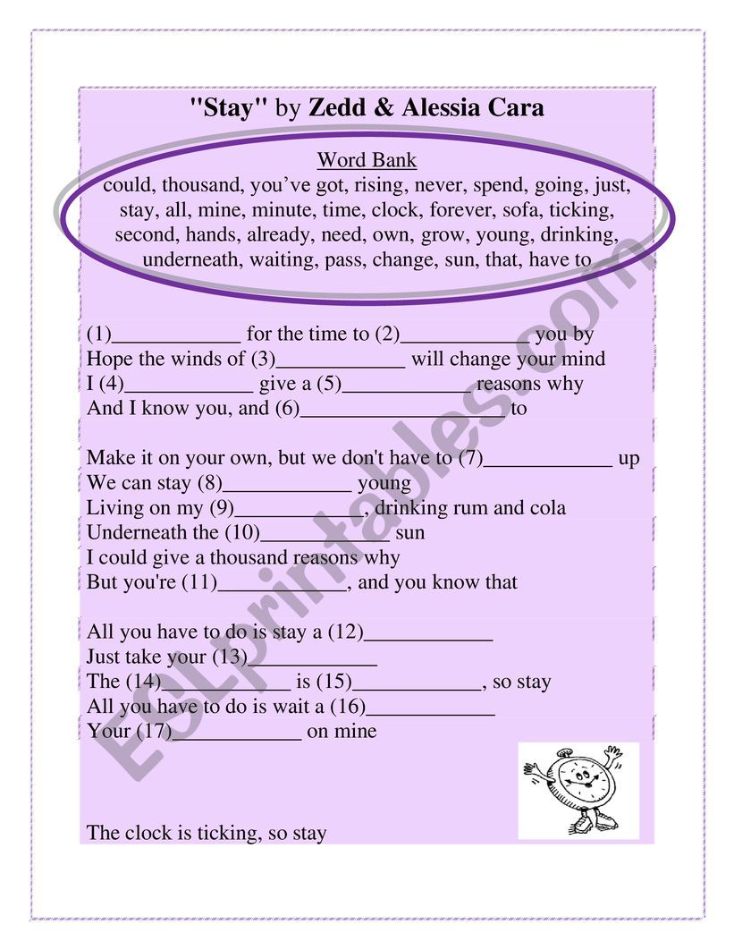 Stay song fill-in exercise and questions
