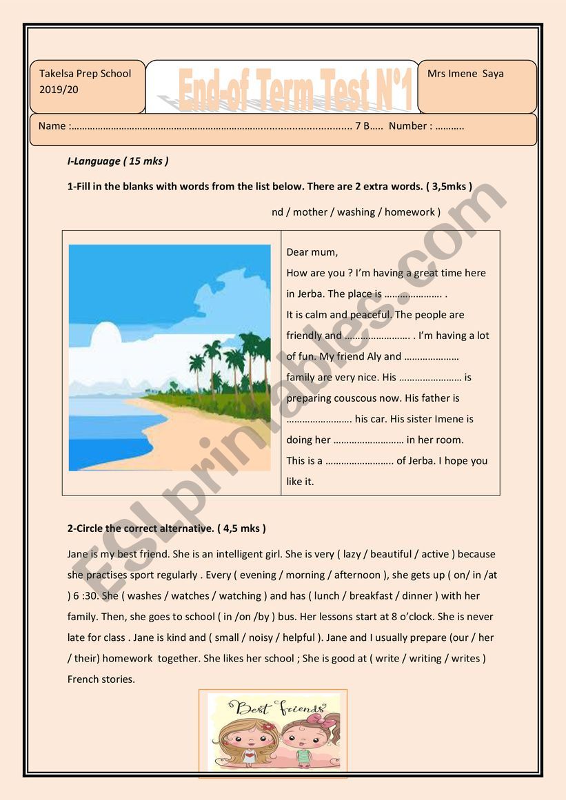 End-Of-Term Test N1 7th form Tunisia