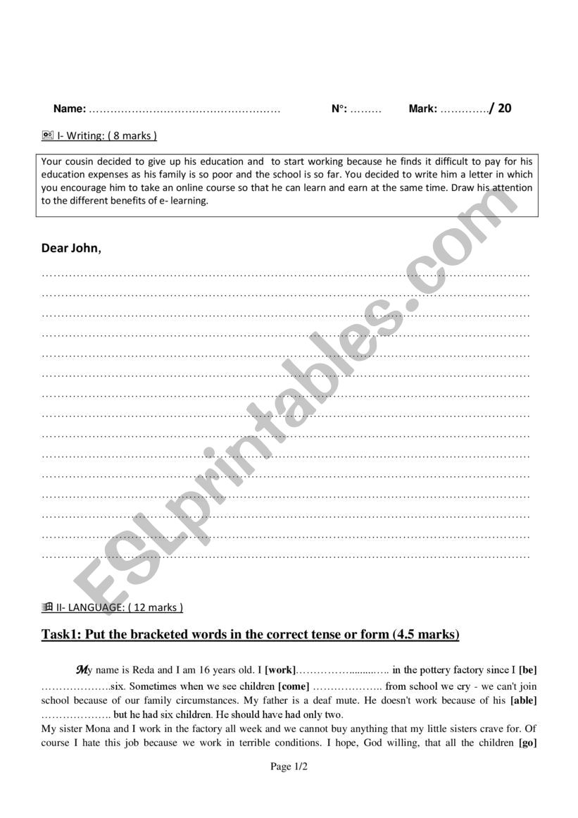 4th form exam worksheet