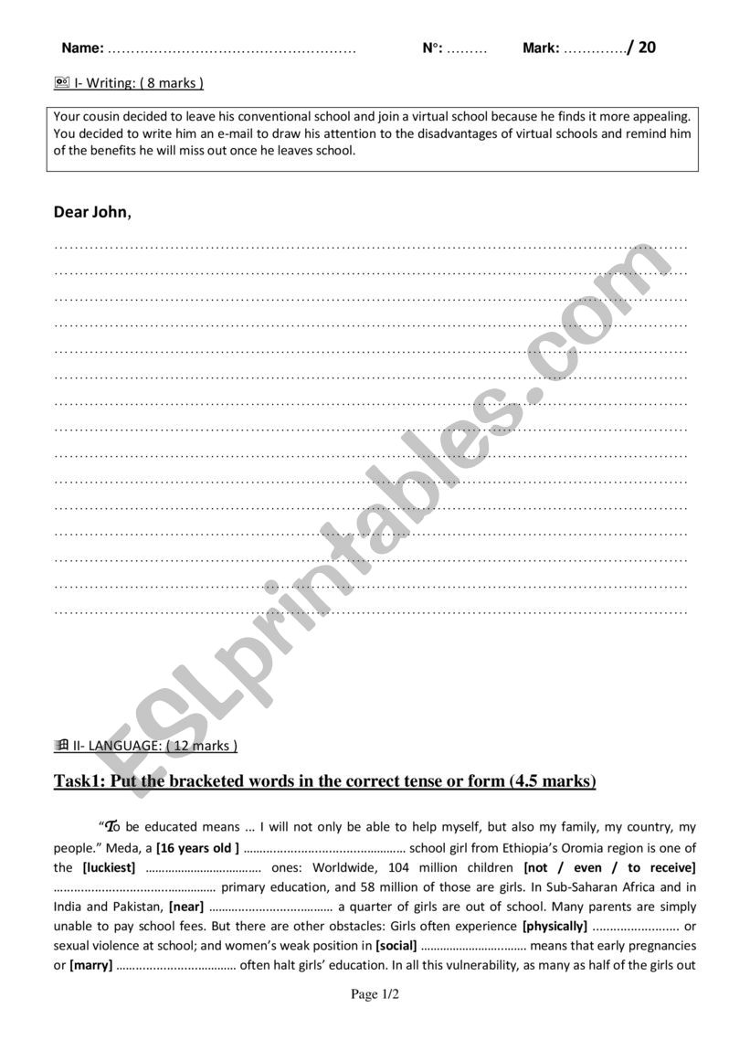 4th form exam worksheet