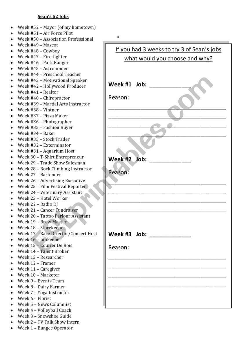 one week job worksheet